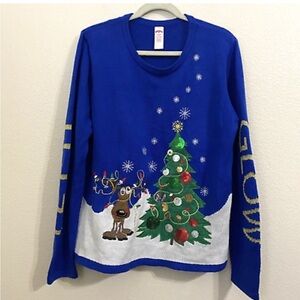 Ugly Christmas Sweater LET IT GLOW Crazy eyes reindeer Size 2X blue/white LED